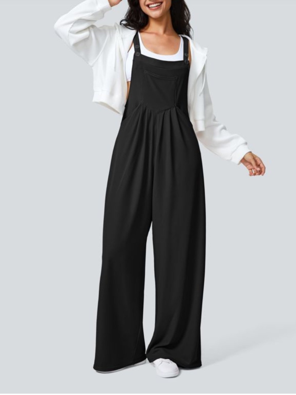 HALARA Black Pockets Waffleyy Casual Overalls Wide-Leg Jumpsuit  Petite large